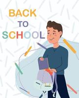 volta ao cartaz da escola com estudante e mochila. ilustração vetorial vetor