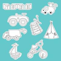 um conjunto de adesivos para contorno de brinquedos infantis. carro, barco, rato, bicicleta, instrumento musical vetor