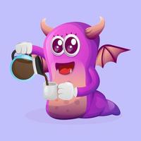 monstro roxo fofo bebendo café, hora do café vetor