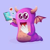 monstro roxo fofo segurando o celular com mensagens de texto vetor