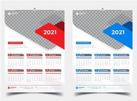calendário de parede de duas páginas com detalhes em vermelho e azul 2021 vetor