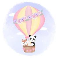 raposa, gato, panda flutuando em balão de ar quente vetor