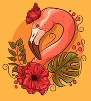 cabeça de flamingo com papoulas e folhas de monstera vetor