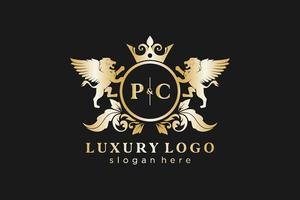 modelo de logotipo de luxo real de leão de carta inicial de pc em arte vetorial para restaurante, realeza, boutique, café, hotel, heráldica, joias, moda e outras ilustrações vetoriais. vetor
