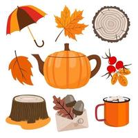 conjunto de elementos de outono - bule de cabaça, folhas, serra de madeira, toco, guarda-chuva, envelope com bolotas.