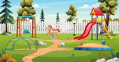 playground infantil com escorregador, balanço, caixa de areia e brinquedos paisagem dos desenhos animados vetor