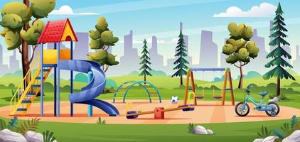 paisagem de parque infantil com slide, balanço, bicicleta e gangorra ilustração dos desenhos animados