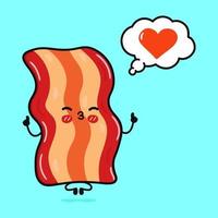 bacon engraçado bonito fazendo ioga com bolha do discurso. vetor mão desenhada ícone de ilustração de personagem kawaii dos desenhos animados. isolado em fundo azul. bacon no conceito de personagem de amor