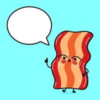 bacon engraçado bonito com bolha do discurso. vetor mão desenhada ícone de ilustração de personagem kawaii dos desenhos animados. isolado em fundo azul. conceito de personagem de bacon