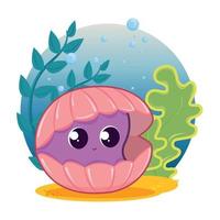 personagem de concha fofa e ilustração vetorial de algas marinhas vetor