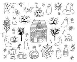 conjunto de elementos de doodle de halloween desenhado à mão. abóbora, aranha, garrafa de poção, chapéu de bruxa, vassoura e desenho de osso vetor