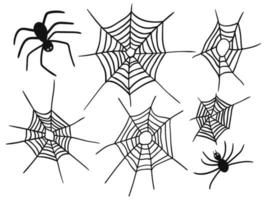 conjunto de aranhas e rede de aranha. ilustração vetorial doodle de halloween. adesivos, decoração assustadora. vetor