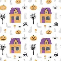 casas de campo bonitas e padrão de halloween fantasma. casas vetoriais, fantasmas, abóboras e gatos sem costura padrão vetor