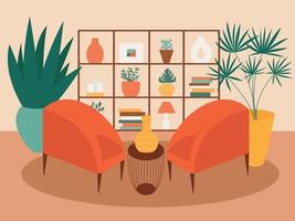 estilo simples sala de estar com poltronas e ilustração vetorial de plantas. grande prateleira com decoração para casa na sala de estar vetor