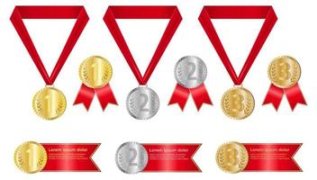 um conjunto de medalhas de prêmio isoladas em um fundo branco medalhas de prêmio com fitas vermelhas medalhas de ouro, prata e bronze medalhas para primeiro, segundo e terceiro lugar ilustração vetorial realista vetor