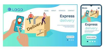 express delivery.the conceito de delivery.online service.remote client service.people uma grande caixa de papelão e um smartphone.the modelo da ilustração vetorial landing page.flat. vetor