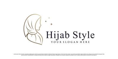 modelo de design de logotipo de mulheres muçulmanas usando hijab com estilo de arte de linha e elemento criativo vetor