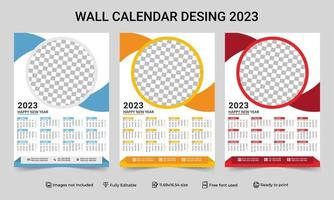 Modelo de calendário de parede de 1 página 2023 com design de variação de 3 cores. imprimir o design de modelo de calendário de parede de uma página pronto para 2023. Ilustração em vetor ano civil de 2023. calendário de parede de uma página 2023