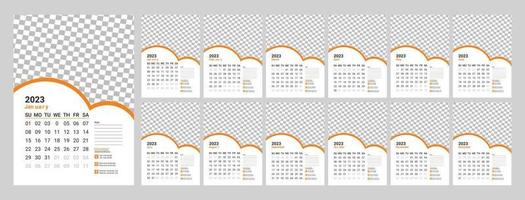 calendário de parede desing 2023. calendário mensal 2023. 12 meses. modelo de página de calendário editável vetor