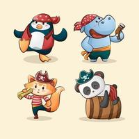 animal bonito pirata mão desenhada ilustração de personagens de rinoceronte raposa panda pinguim de desenho animado vetor