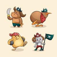 coleção de ilustração de desenhos animados de personagens de animais piratas fofos vetor