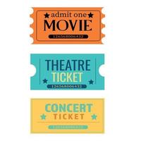 um conjunto de ingressos para um show, filme, teatro em laranja, azul, amarelo. vetor