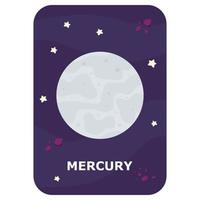 mercúrio. cartão flash de espaço vetorial. jogo de idioma inglês com astronauta fofo, foguete, planeta, cometa, alienígena para crianças. flashcards de astronomia com personagens engraçados. planilha educacional imprimível simples. vetor