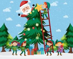 crianças fantasiadas de elfo e papai noel decorando a árvore de natal vetor