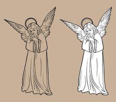 mulher anjo. ilustração isolada de anjo. desenho preto e branco, fundo branco. . para livros de colorir e seu design vetor