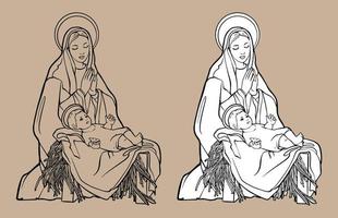 presépio cristão de natal do bebê jesus na manjedoura com ilustração vetorial mary doodle mão desenhada com linhas pretas isoladas no fundo branco. para livros de colorir e seu design. vetor