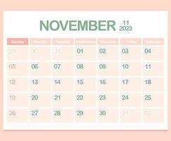 calendário para o ano de 2023. novembro. modelo de planejador corporativo de escritório em tons pastel. página de calendário de parede ou desktop. minimalismo vetor