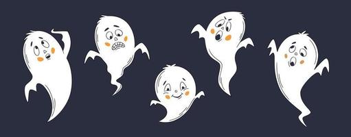 conjunto de adesivo de vetor de halloween. fantasmas de emoticon de halloween desenhados à mão de uma linha. fantasmas fofos engraçados. doodle para logotipo, pôster, emblema. estilo de desenho animado