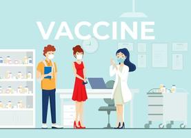 vacinação de casal jovem para coronavírus no médico. ilustração vetorial em um tema médico vetor