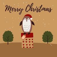 imagem vetorial de cor dourada com a imagem de um pinguim em um presente, com o texto feliz natal. mensagem, cartaz, cartão postal vetor