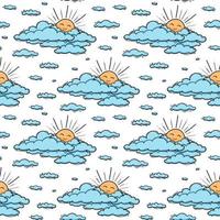 bonito nuvem e sol sem costura de fundo vector. sorridente ilustração de crianças sol isolada no céu azul. fundo de verão. design engraçado para crianças e bebês vetor