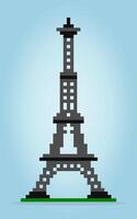 Imagem da torre eiffel de pixel de 8 bits. edifício em ilustração de arte vetorial de pixels. torre na frança para ativos de jogos. vetor