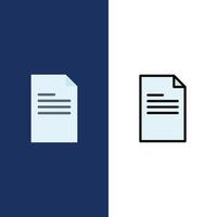 ícones de relatório de dados de texto de arquivo plano e conjunto de ícones cheios de linha vector fundo azul