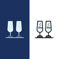 taças de champanhe celebração brinde ícones lisos e cheios de linha conjunto de ícones vetor azul backg