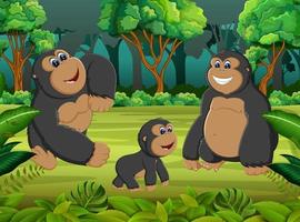 o fundo da floresta com a família do gorila jogando juntos vetor