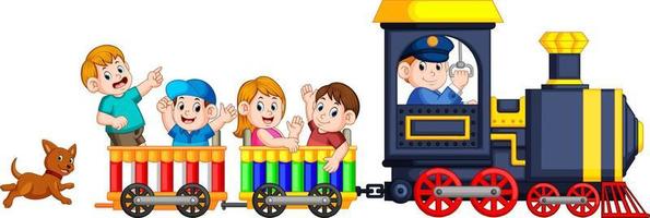as crianças e o maquinista da locomotiva entram no trem e o cachorro os segue na parte de trás vetor