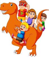 as crianças e alguns deles usam a fantasia e entram no corpo do tiranossauro rex e depois alguns deles segurando o rabo vetor