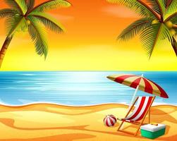 o belo fundo de vista do pôr do sol na praia com a cadeira de praia e coqueiros vetor