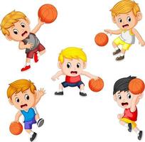 coleção simples do jogador infantil de basquete com as diferentes poses vetor