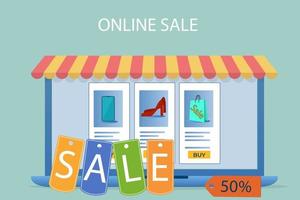 on-line sale.e-shop e desconto stickers.the conceito de negociação on-line e ilustração vetorial de pagamentos eletrônicos.flat. vetor