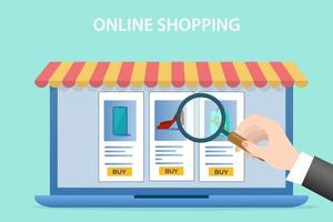 compras online. pessoas usam gadgets para fazer compras em uma loja online. o conceito de ilustração vetorial de negociação online. vetor