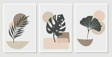 folhagem desenho em estilo boho em tons terrosos com forma abstrata. design artístico de plantas de ginkgo e monstera para impressão, capa, papel de parede, arte de parede minimalista e natural. ilustração vetorial. vetor