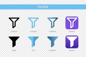 ícone de filtro em estilo diferente. filtrar ícones vetoriais projetados em estilo de contorno, sólido, colorido, gradiente e plano. símbolo, ilustração do logotipo. ilustração vetorial vetor