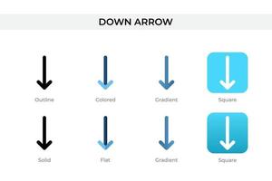 ícone de seta para baixo em estilo diferente. ícones de vetor de seta para baixo projetados em estilo de contorno, sólido, colorido, gradiente e plano. símbolo, ilustração do logotipo. ilustração vetorial