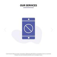 nosso aplicativo desabilitado de serviços modelo de cartão web de ícone de glifo sólido móvel móvel desabilitado vetor
