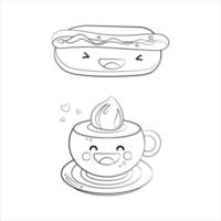 desenho de contorno de cachorro-quente e café em uma caneca. ilustração bonito do ícone do vetor preto e branco. logotipos de desenhos animados de adesivo kawaii. conceito de comida.